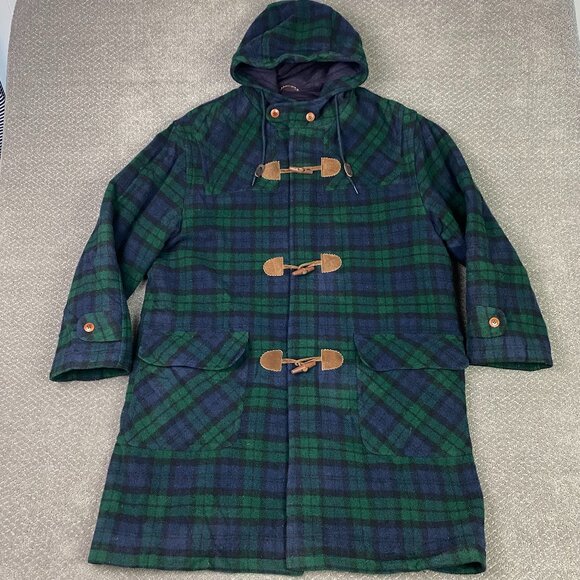 Vintage LL Bean Toggle Coat Men's XL Green Blue Tartan Plaid Wool USA Duffle - Picture 1 of 15